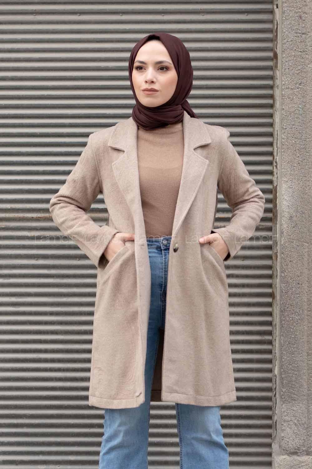 Modalamelif Önü Tek Düğmeli Kaşe Kaban Kum Beji