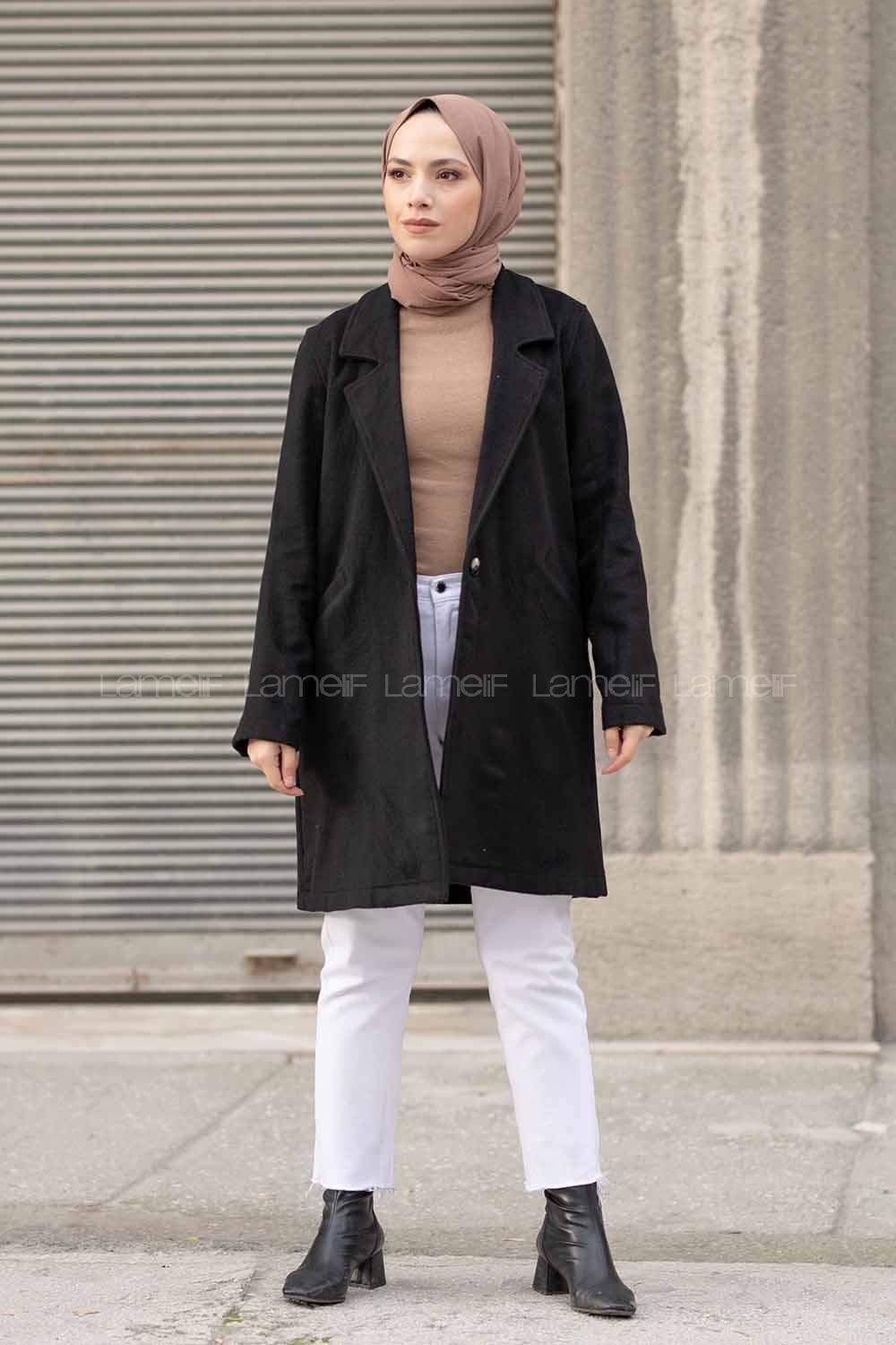 Modalamelif Önü Tek Düğmeli Kaşe Kaban Siyah