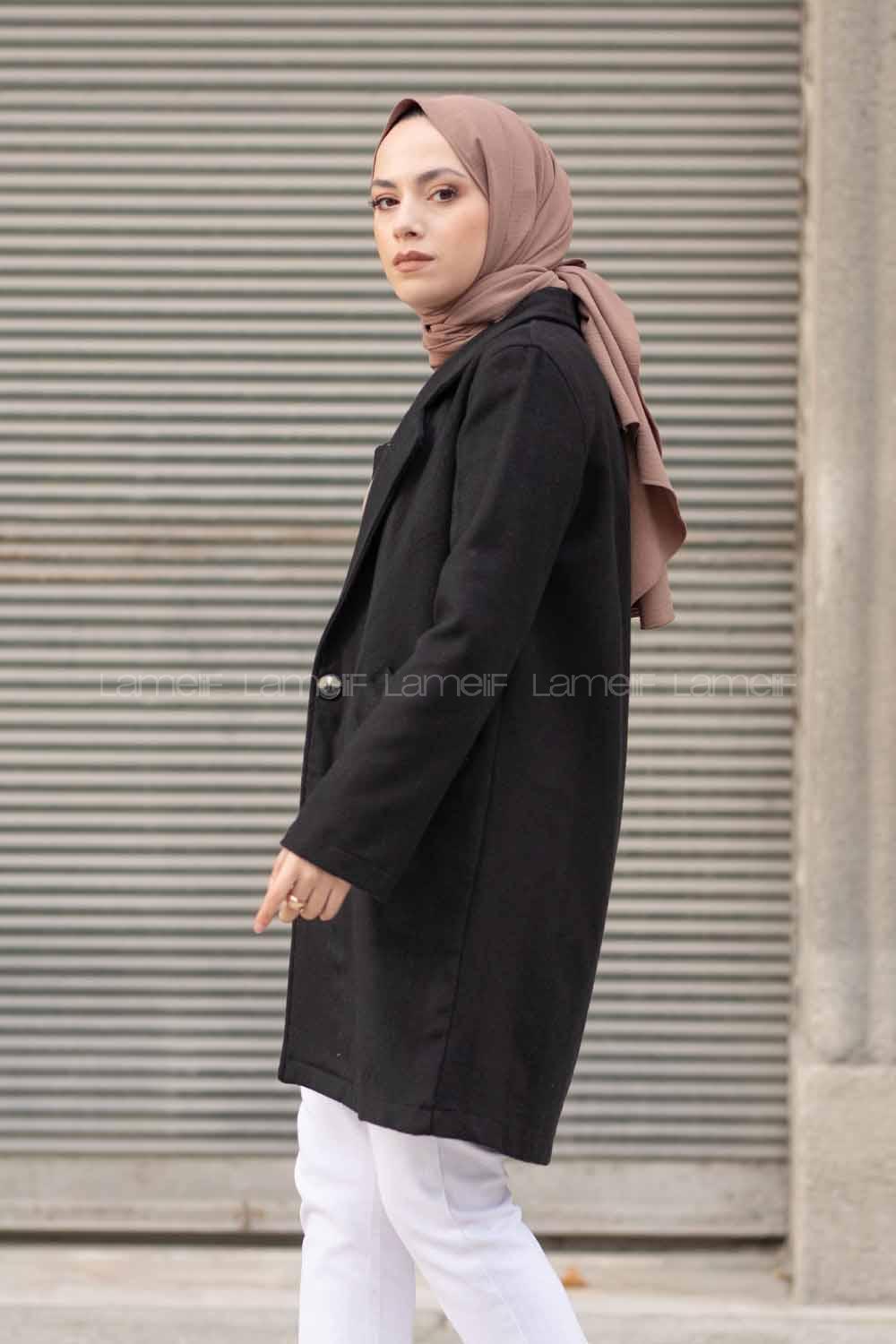 Modalamelif Önü Tek Düğmeli Kaşe Kaban Siyah