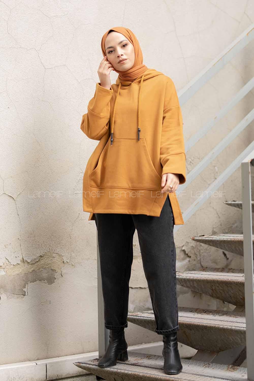 Modalamelif Isabella Düşük Kol Z Üç İplik Sweat Hardal Sarısı