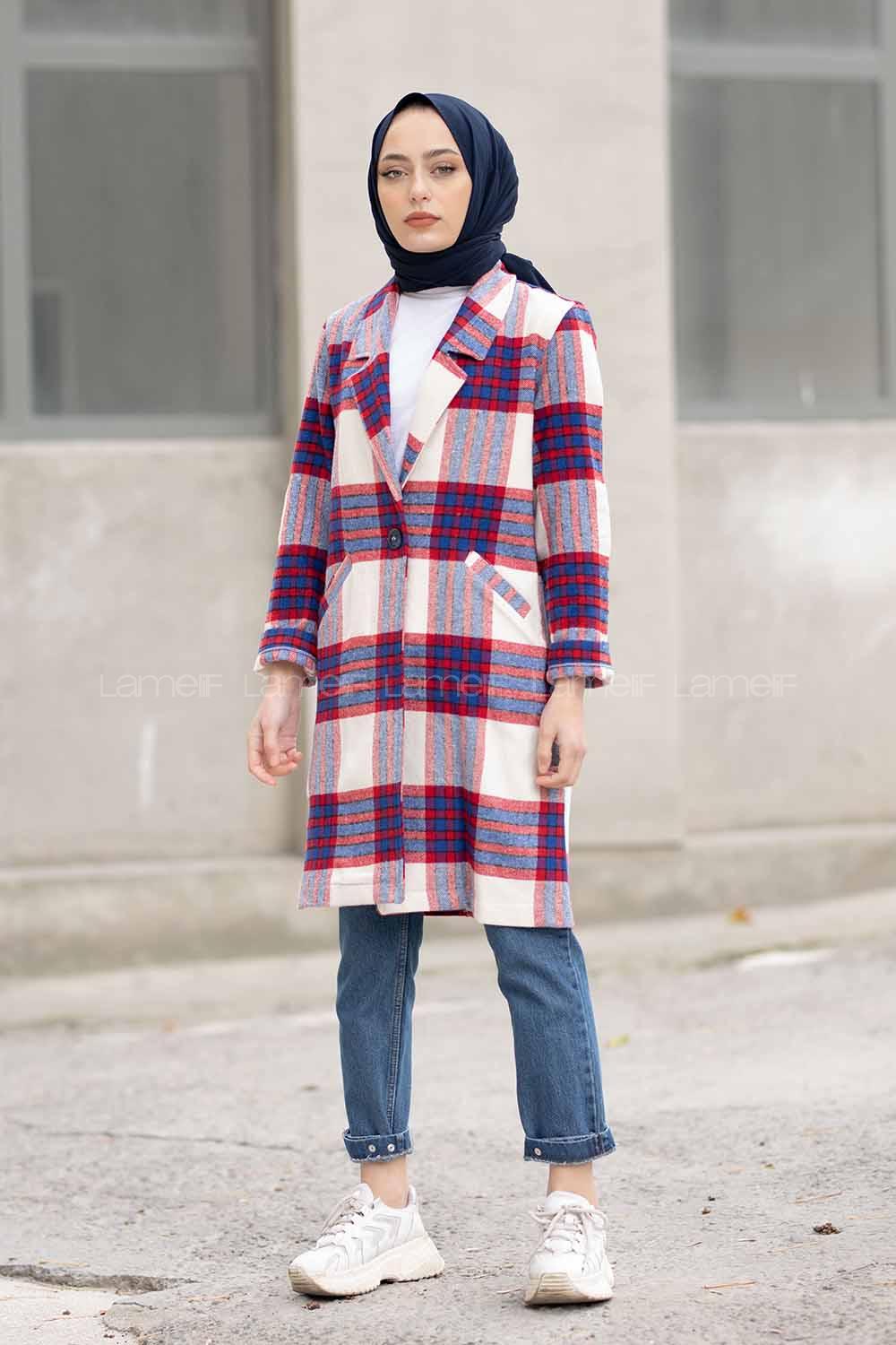 Modalamelif Şal Yakalı Ekose Kaban Ekru İndigo