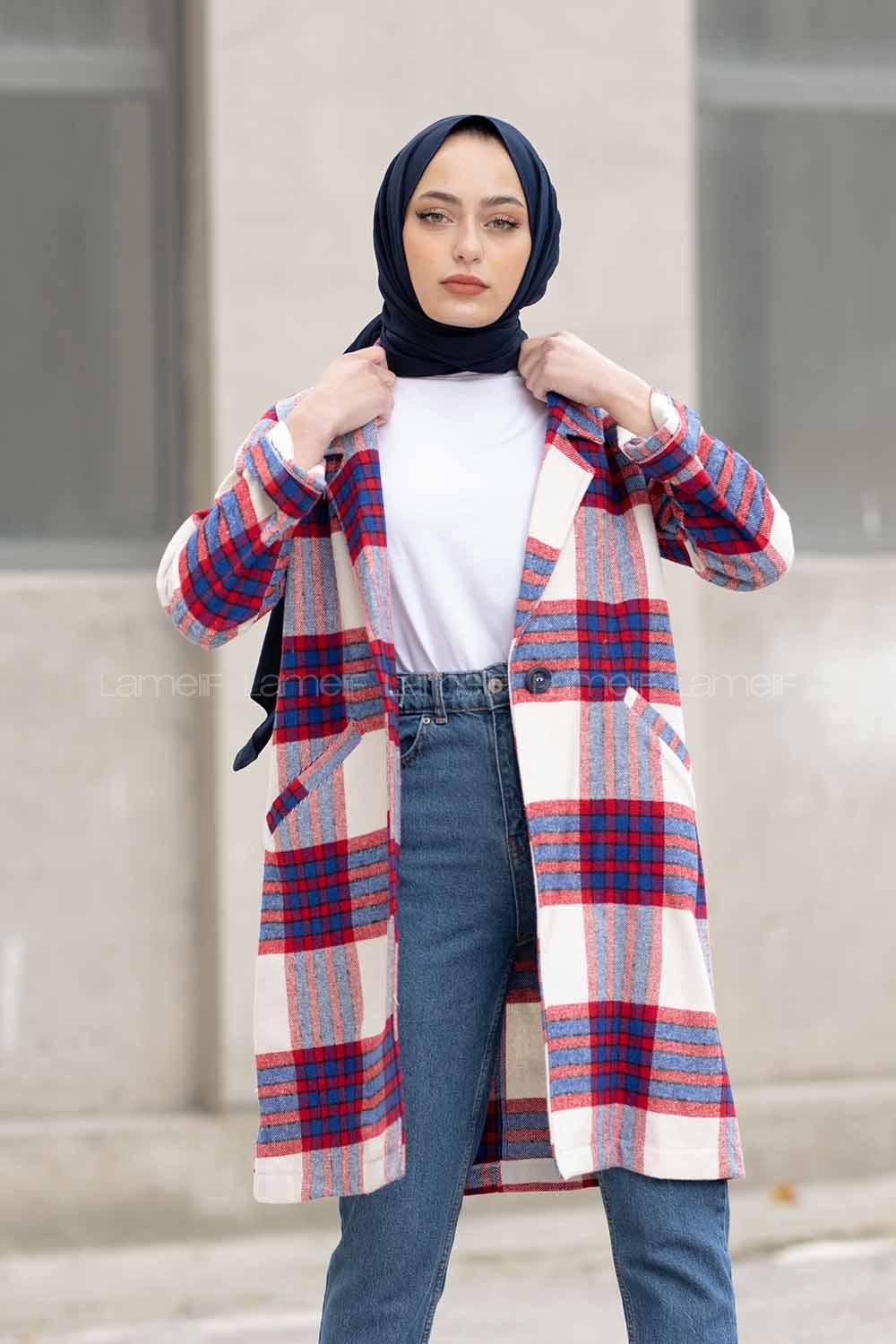 Modalamelif Şal Yakalı Ekose Kaban Ekru İndigo