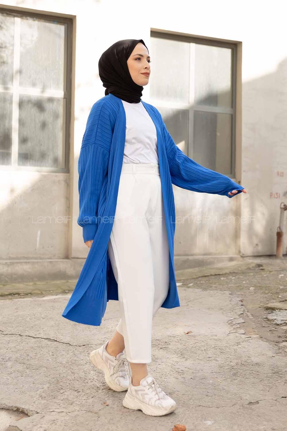 Modalamelif Salaş Fitilli Triko Hırka Saks Mavisi