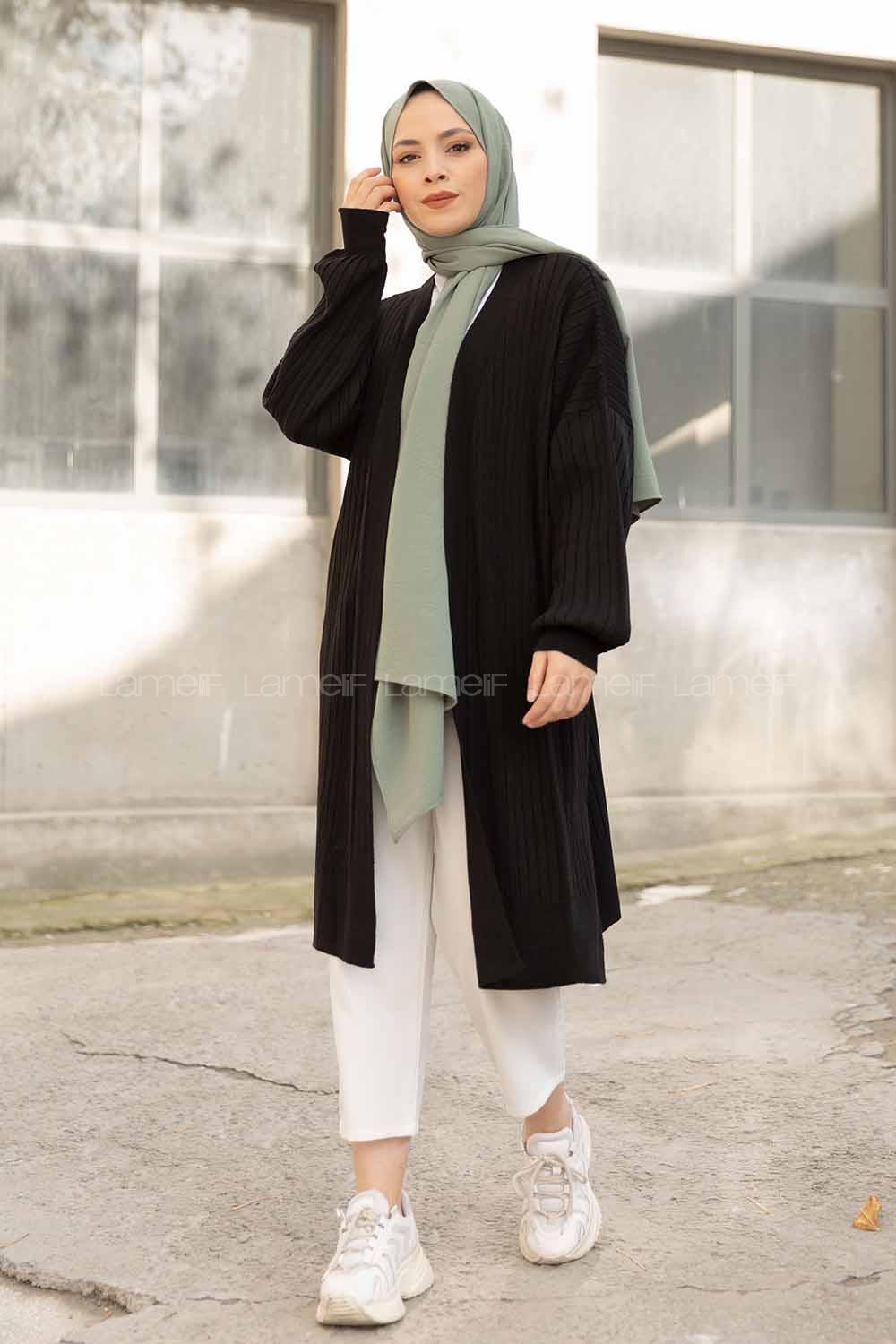 Modalamelif Salaş Fitilli Triko Hırka Siyah