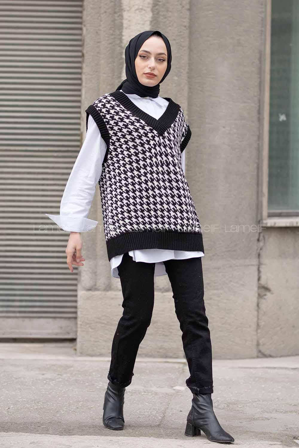 Modalamelif V Yaka Kazayağı Desen Triko Süveter Siyah