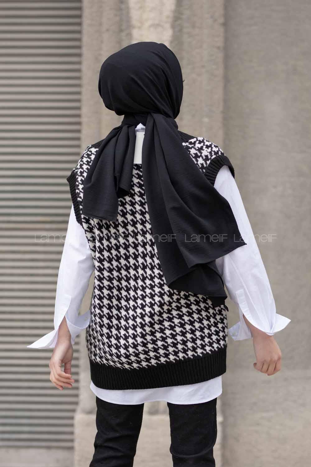 Modalamelif V Yaka Kazayağı Desen Triko Süveter Siyah