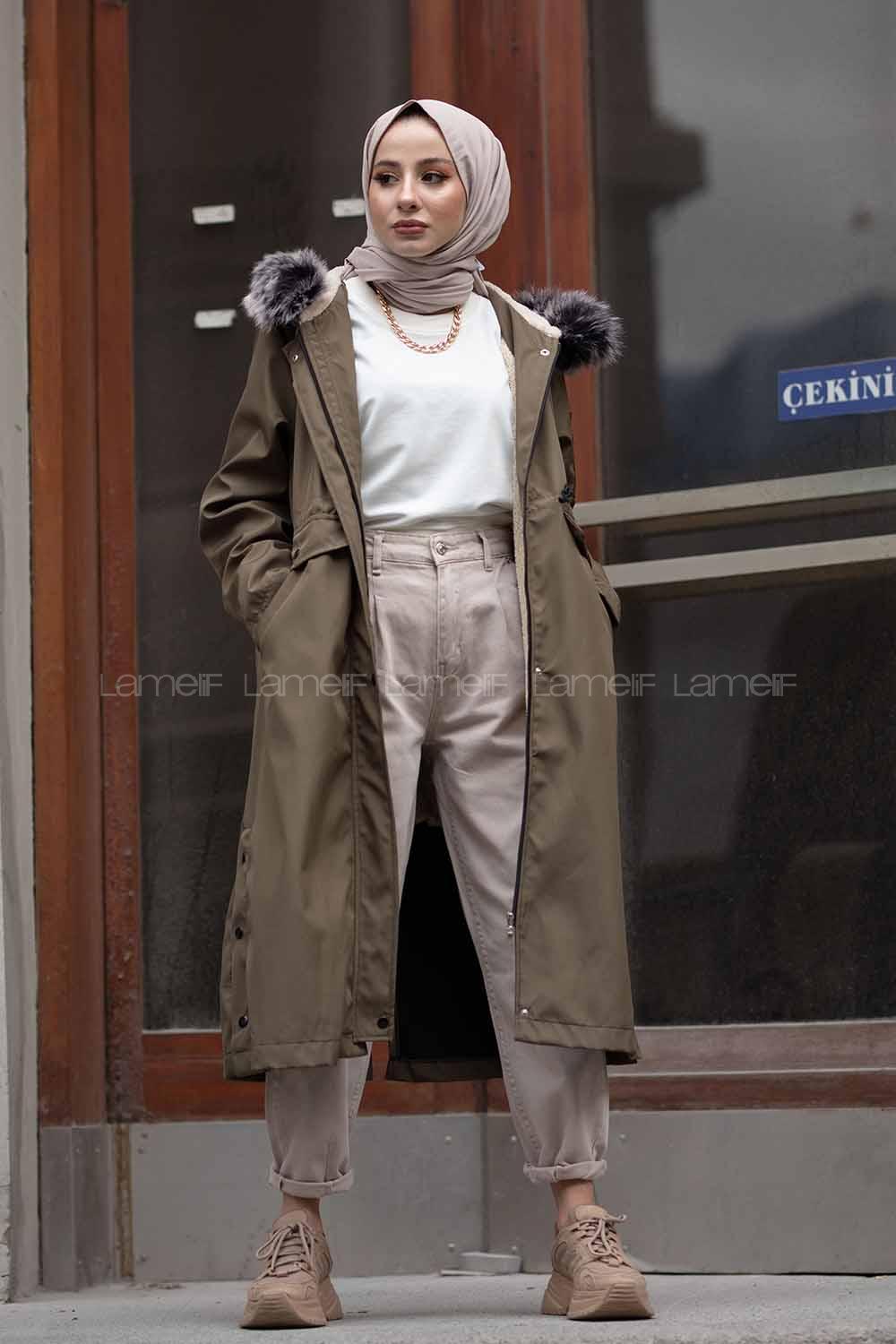 Modalamelif Yanı Çıtçıtlı Kapşonlu Mont Haki