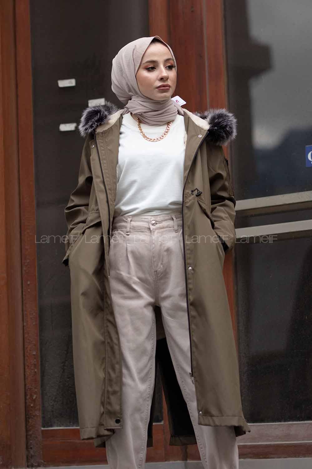 Modalamelif Yanı Çıtçıtlı Kapşonlu Mont Haki