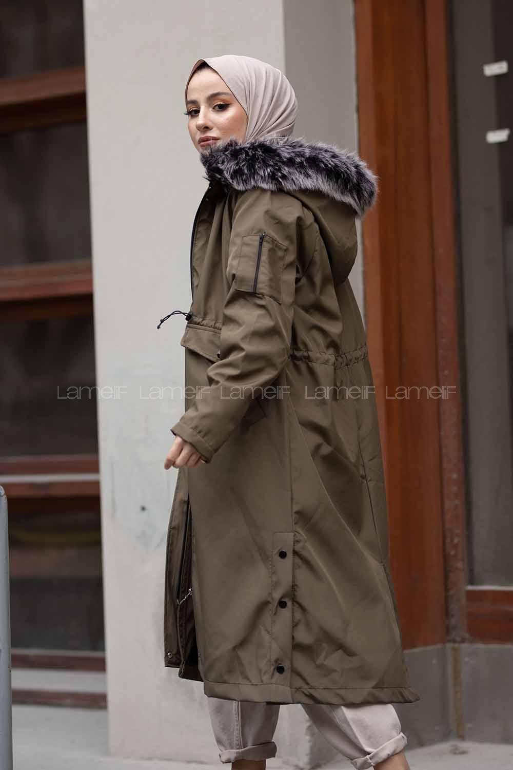 Modalamelif Yanı Çıtçıtlı Kapşonlu Mont Haki