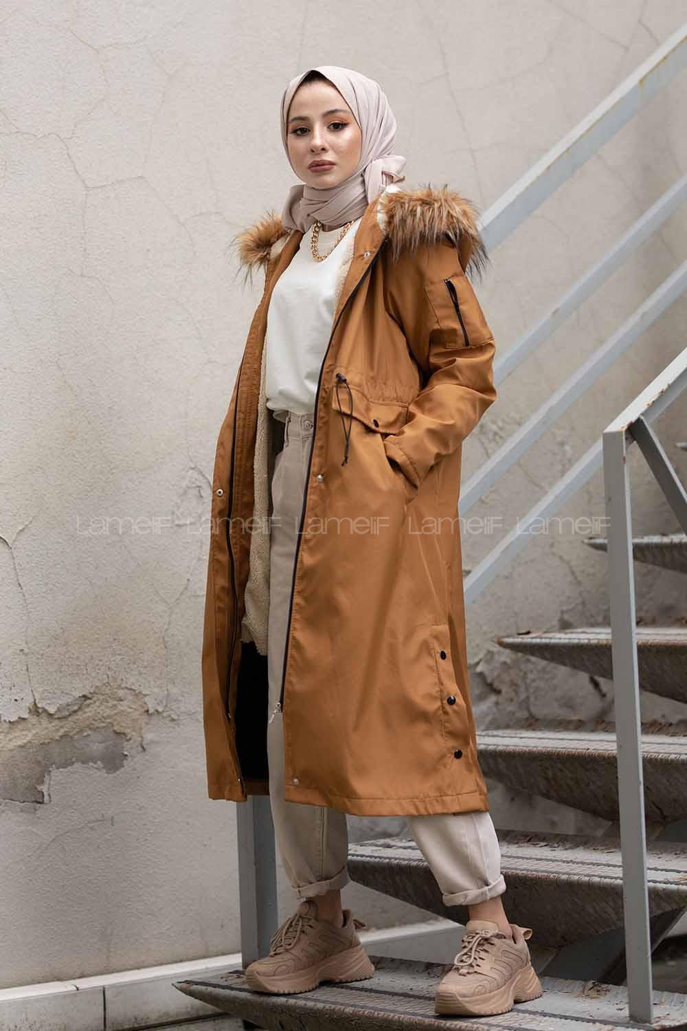 Modalamelif Yanı Çıtçıtlı Kapşonlu Mont Taba