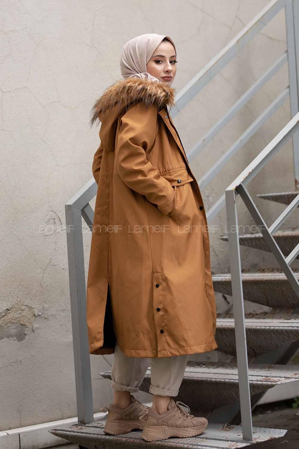 Modalamelif Yanı Çıtçıtlı Kapşonlu Mont Taba