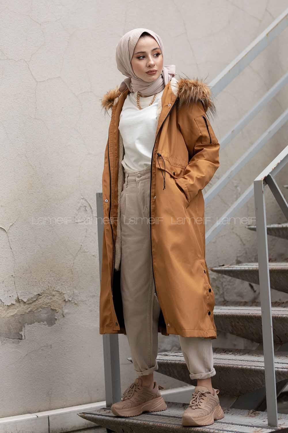 Modalamelif Yanı Çıtçıtlı Kapşonlu Mont Taba