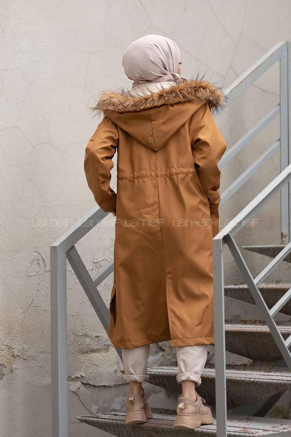 Modalamelif Yanı Çıtçıtlı Kapşonlu Mont Taba