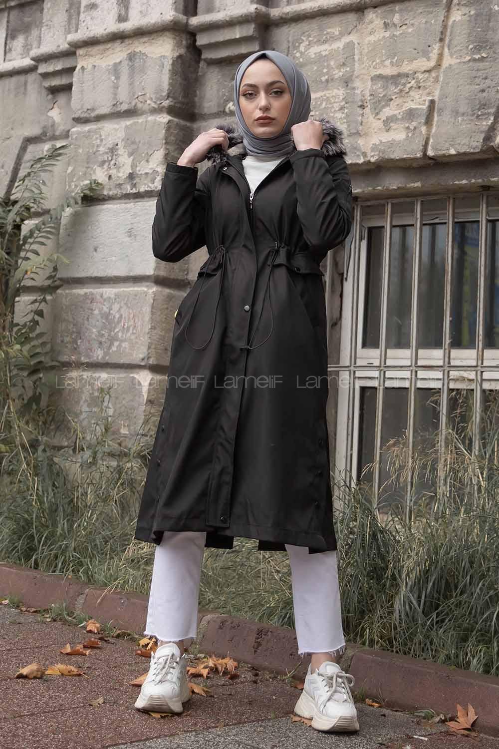 Modalamelif Yanı Çıtçıtlı Kapşonlu Mont Siyah