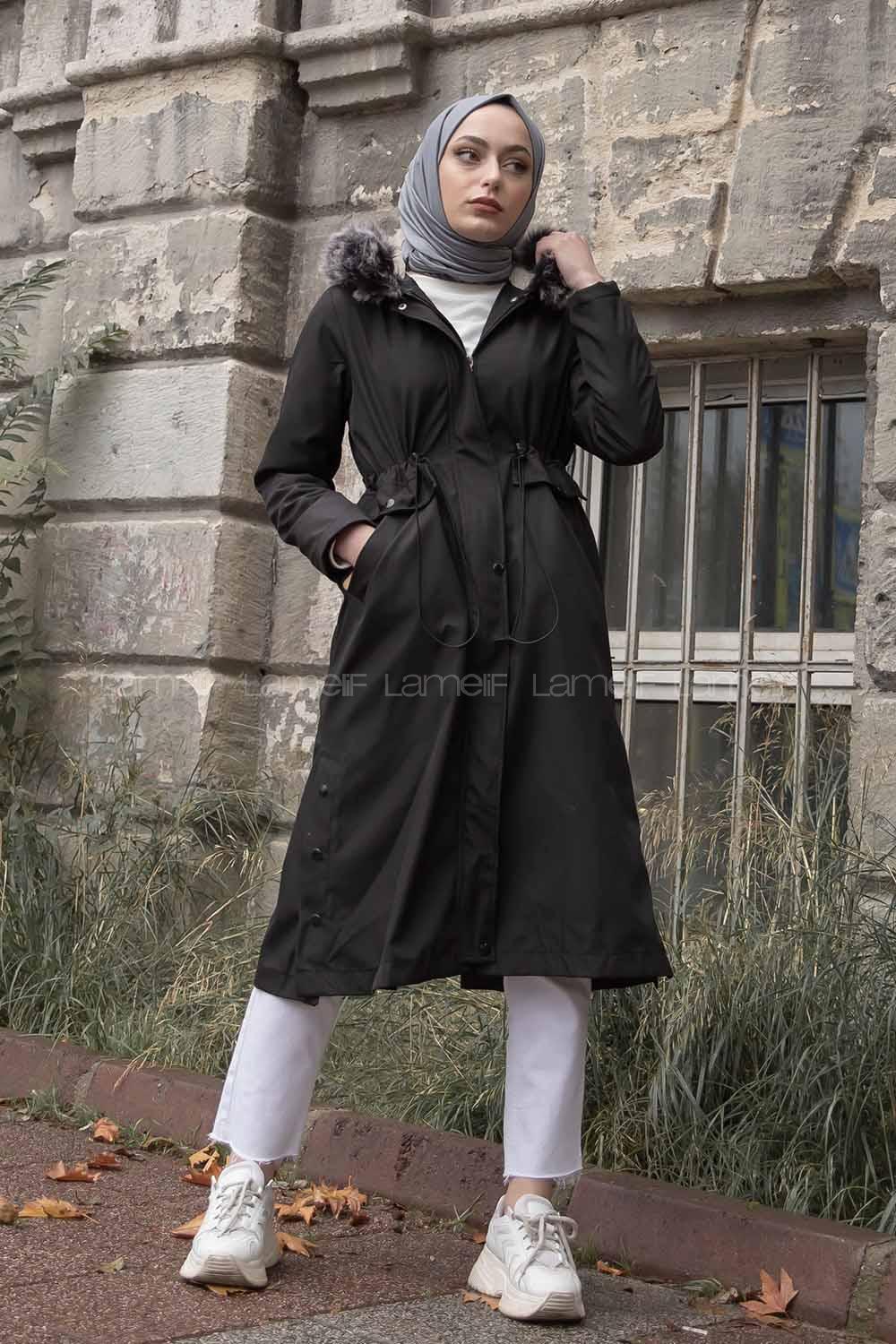 Modalamelif Yanı Çıtçıtlı Kapşonlu Mont Siyah