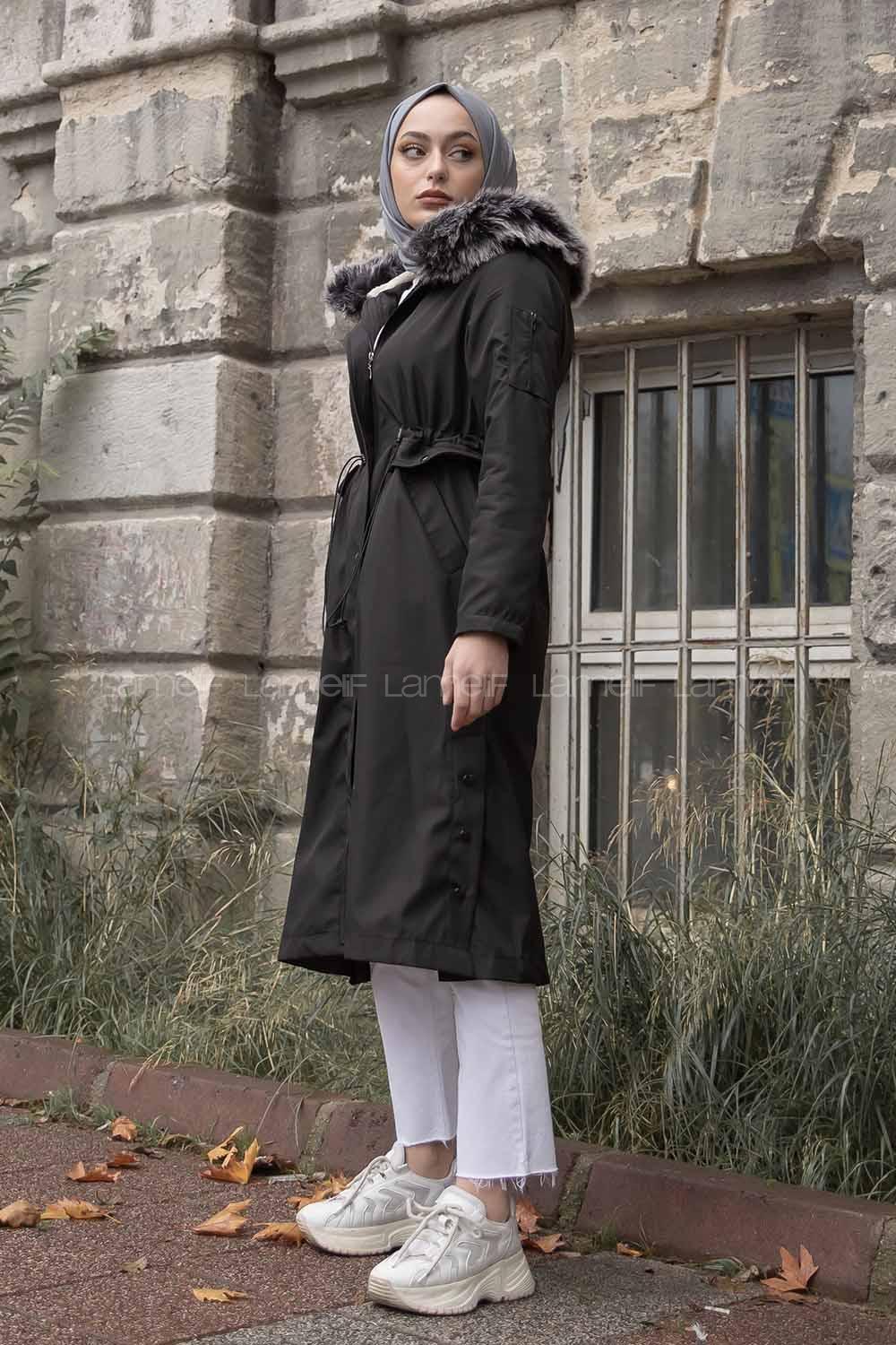 Modalamelif Yanı Çıtçıtlı Kapşonlu Mont Siyah