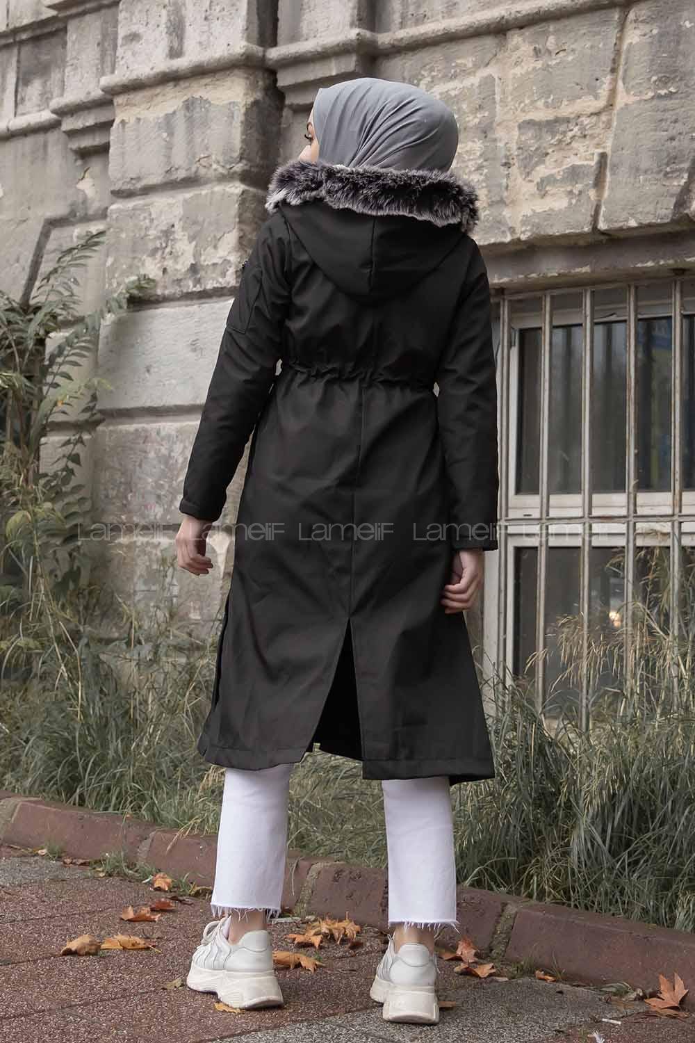 Modalamelif Yanı Çıtçıtlı Kapşonlu Mont Siyah