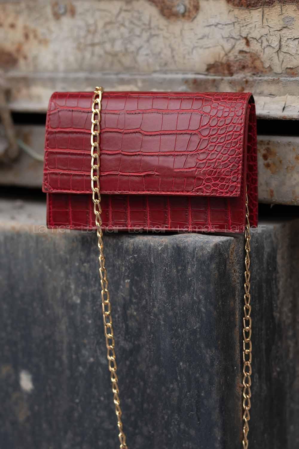 Modalamelif Zincir Askılı  Desen Çanta Bordo