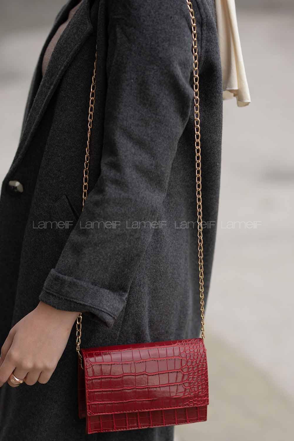 Modalamelif Zincir Askılı  Desen Çanta Bordo