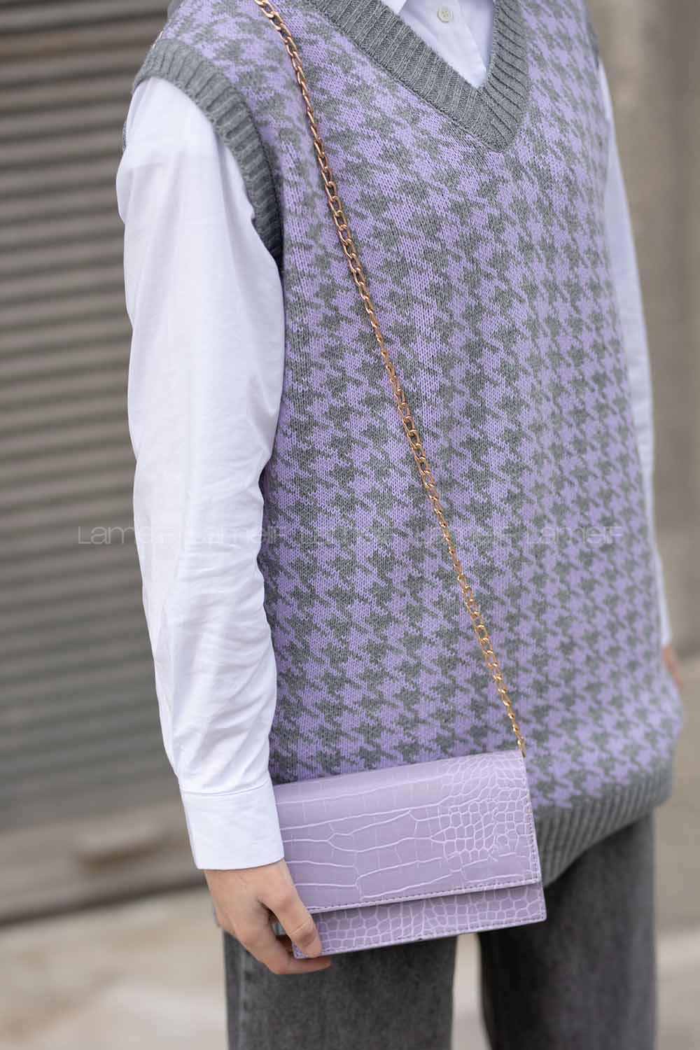 Modalamelif Zincir Askılı  Desen Çanta Lila