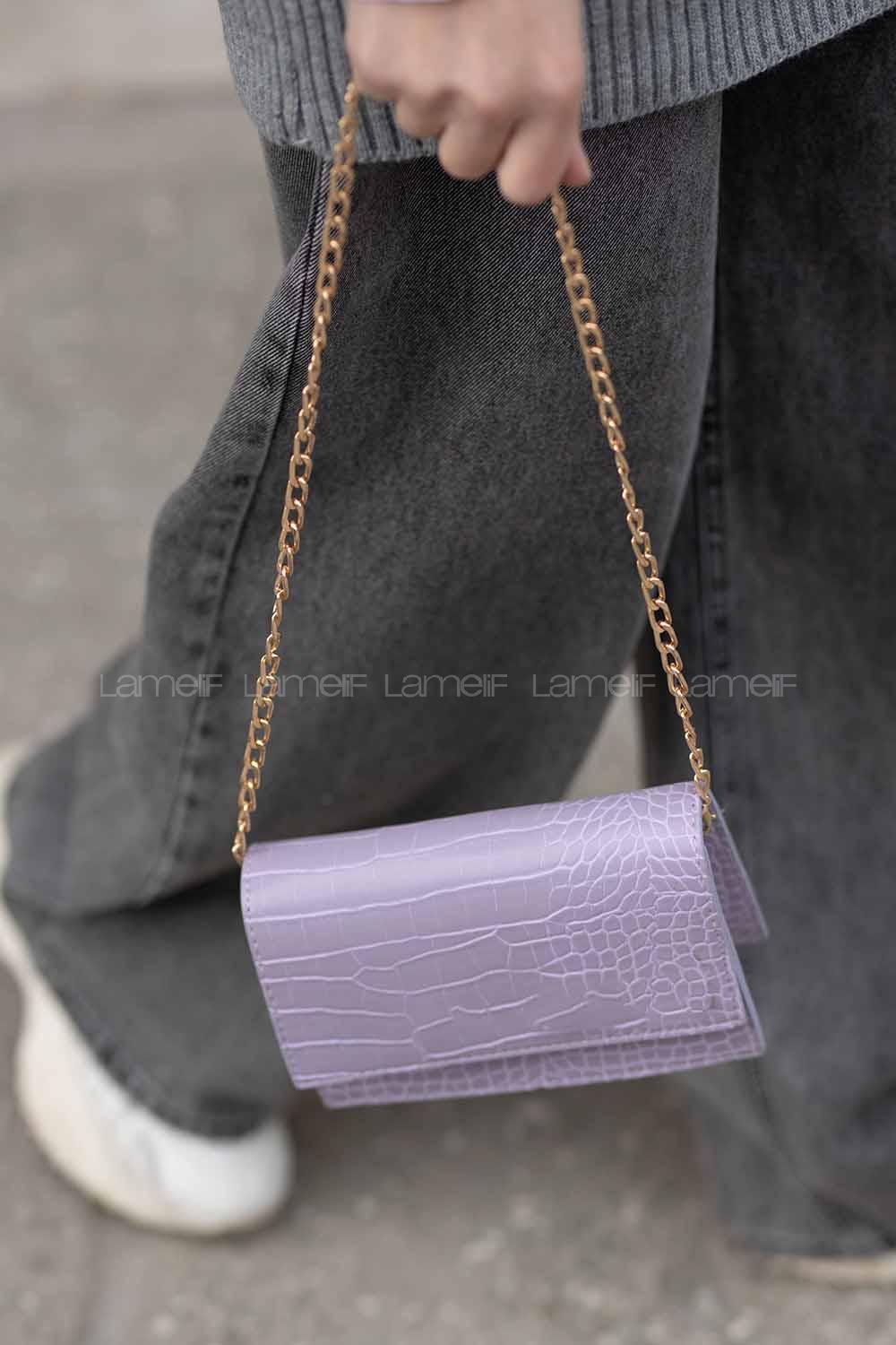 Modalamelif Zincir Askılı  Desen Çanta Lila