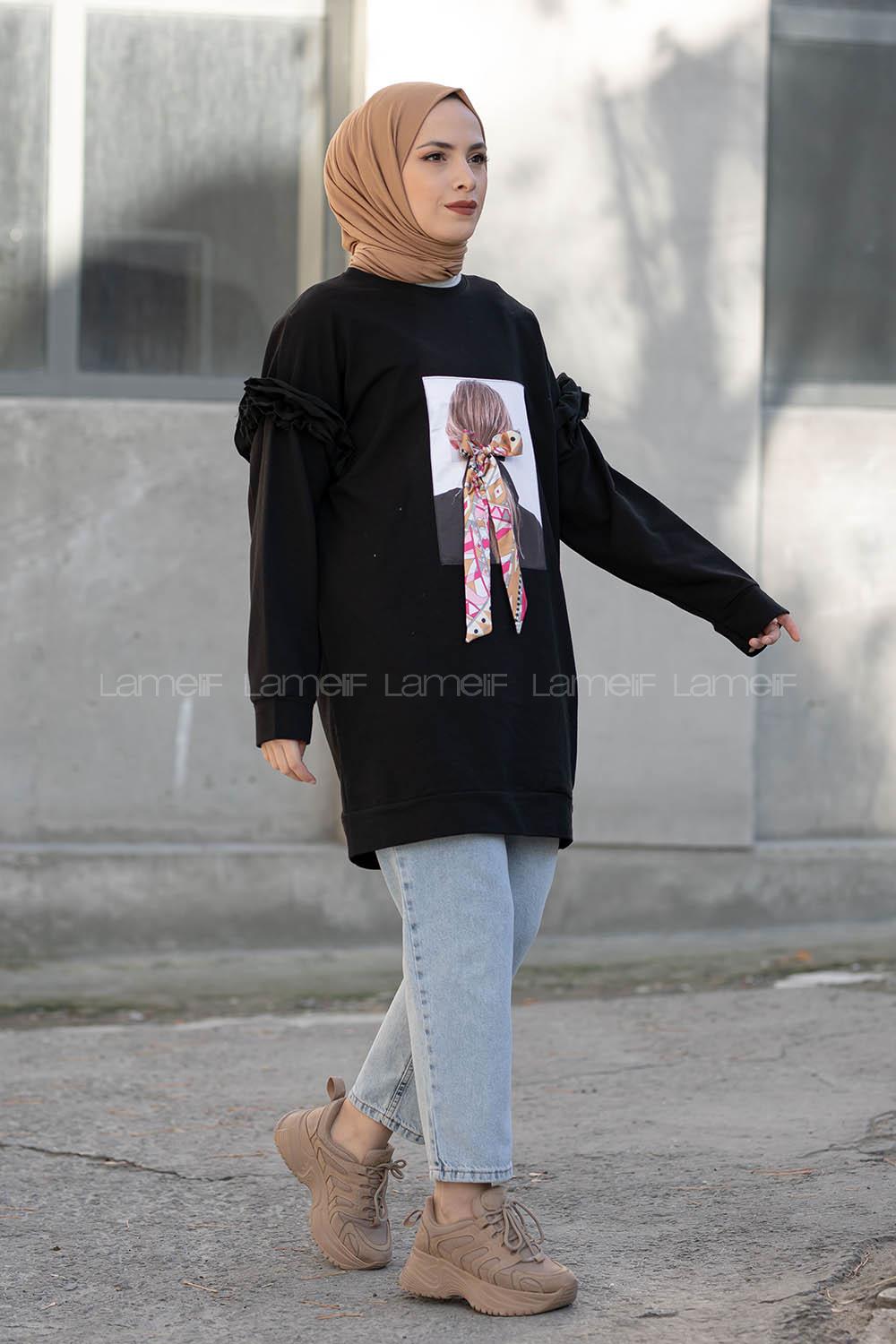 Modalamelif Omzu Fırfırlı Baskılı Sweat Siyah