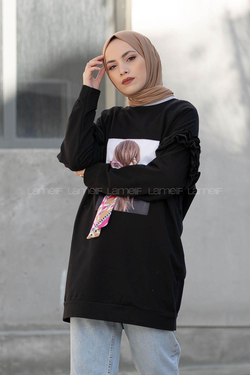 Modalamelif Omzu Fırfırlı Baskılı Sweat Siyah
