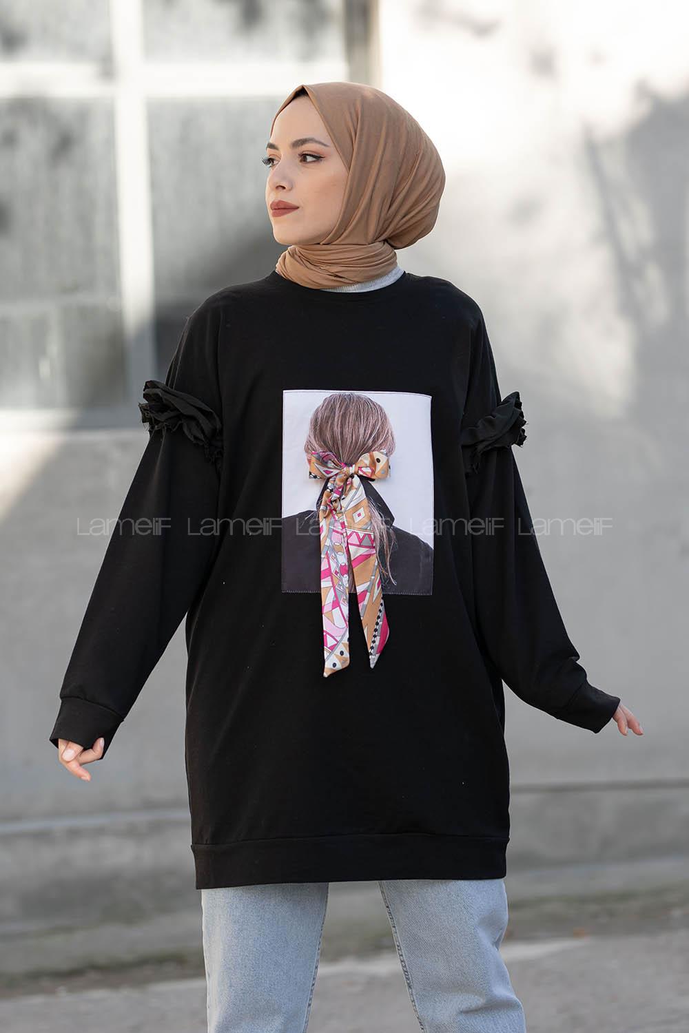 Modalamelif Omzu Fırfırlı Baskılı Sweat Siyah