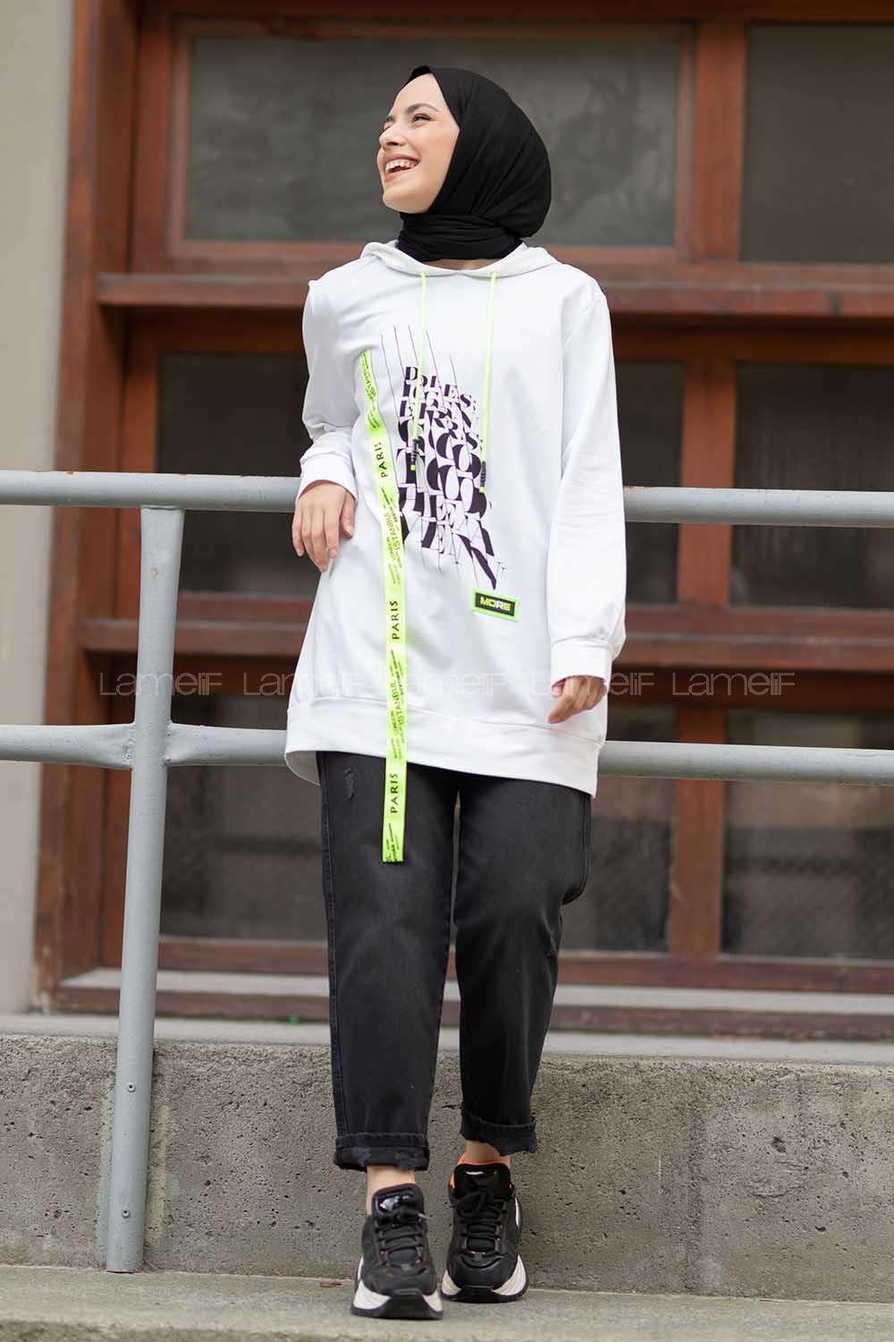 Modalamelif Neon Şeritli Baskılı Sweatshirt Ekru