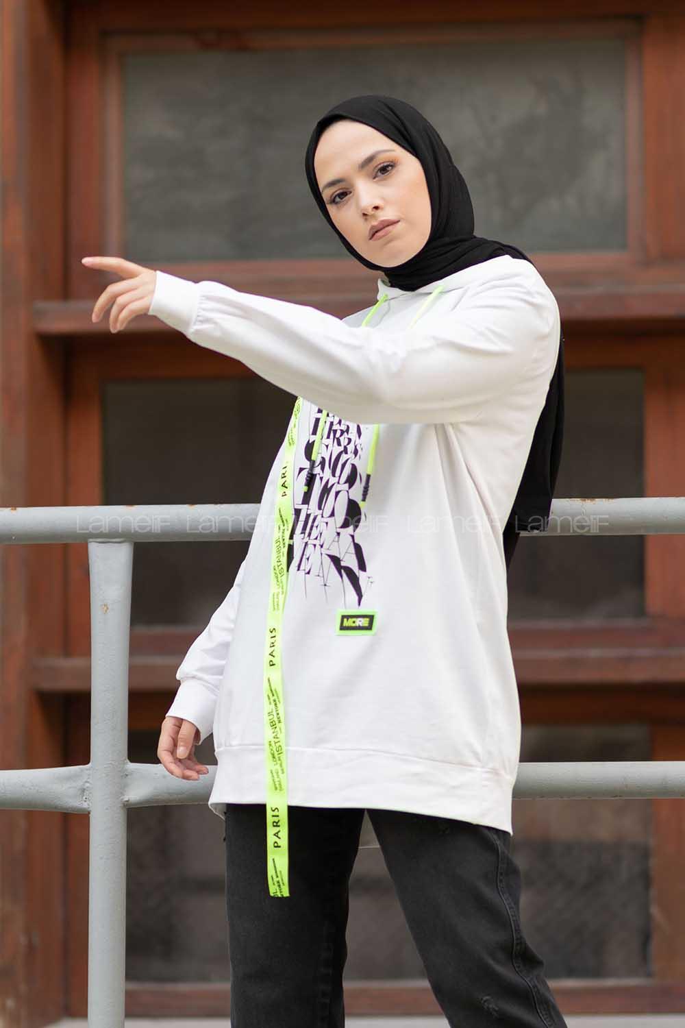 Modalamelif Neon Şeritli Baskılı Sweatshirt Ekru