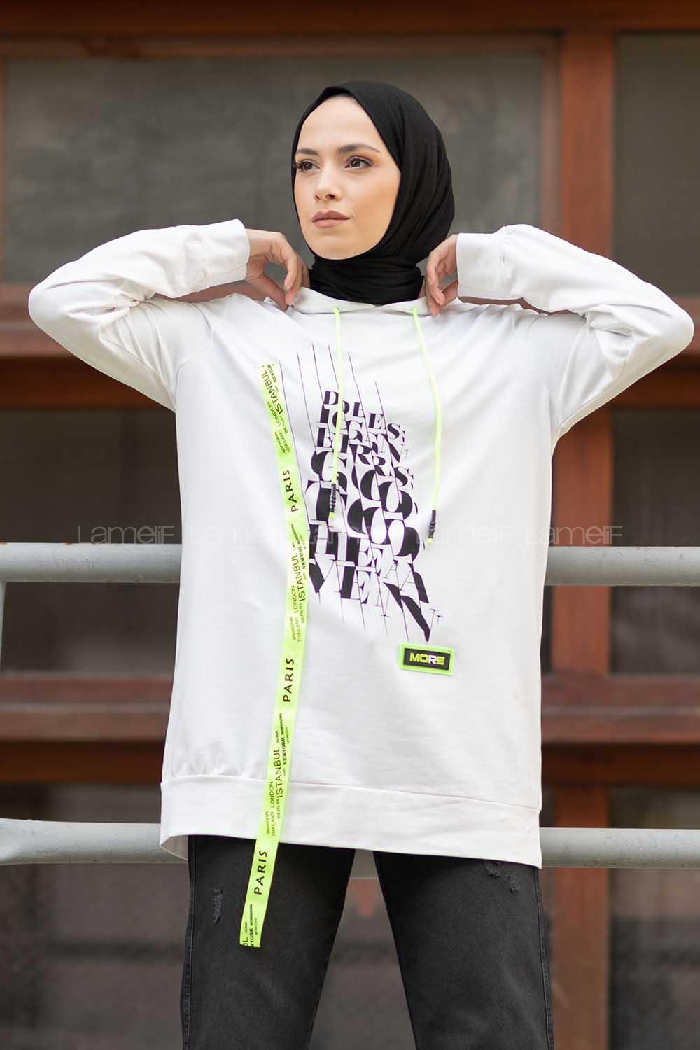 Modalamelif Neon Şeritli Baskılı Sweatshirt Ekru