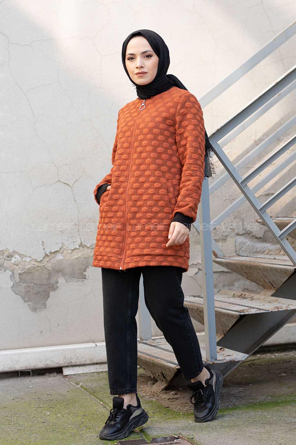 Modalamelif Önü Fermuarlı Jakarlı Hırka Taba