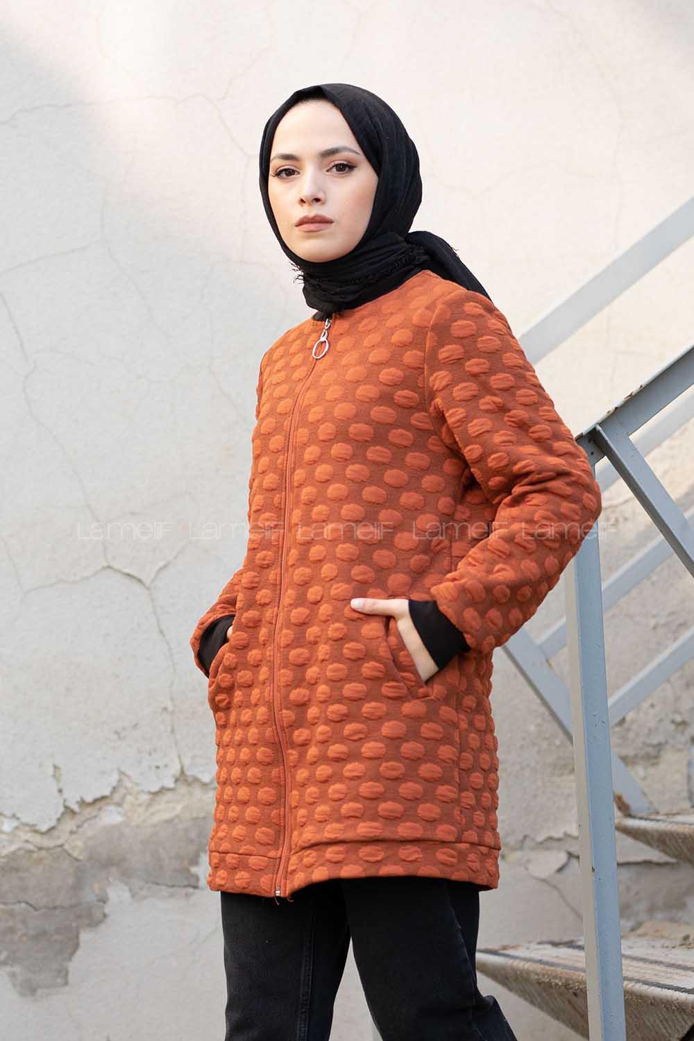 Modalamelif Önü Fermuarlı Jakarlı Hırka Taba