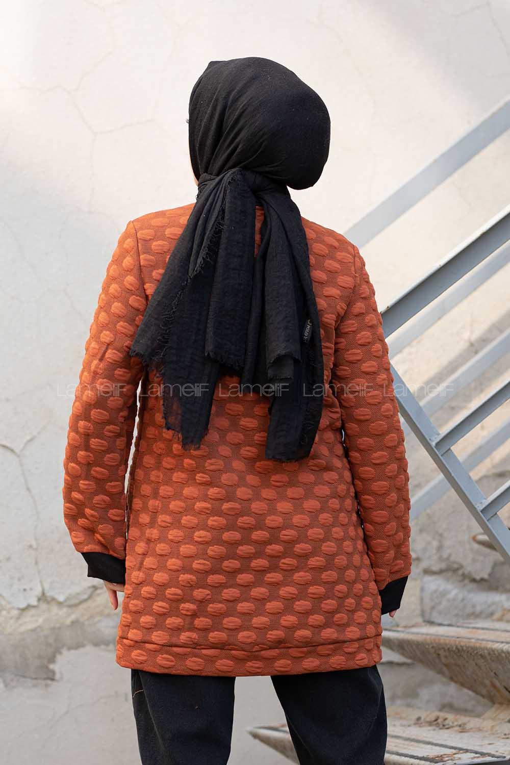 Modalamelif Önü Fermuarlı Jakarlı Hırka Taba