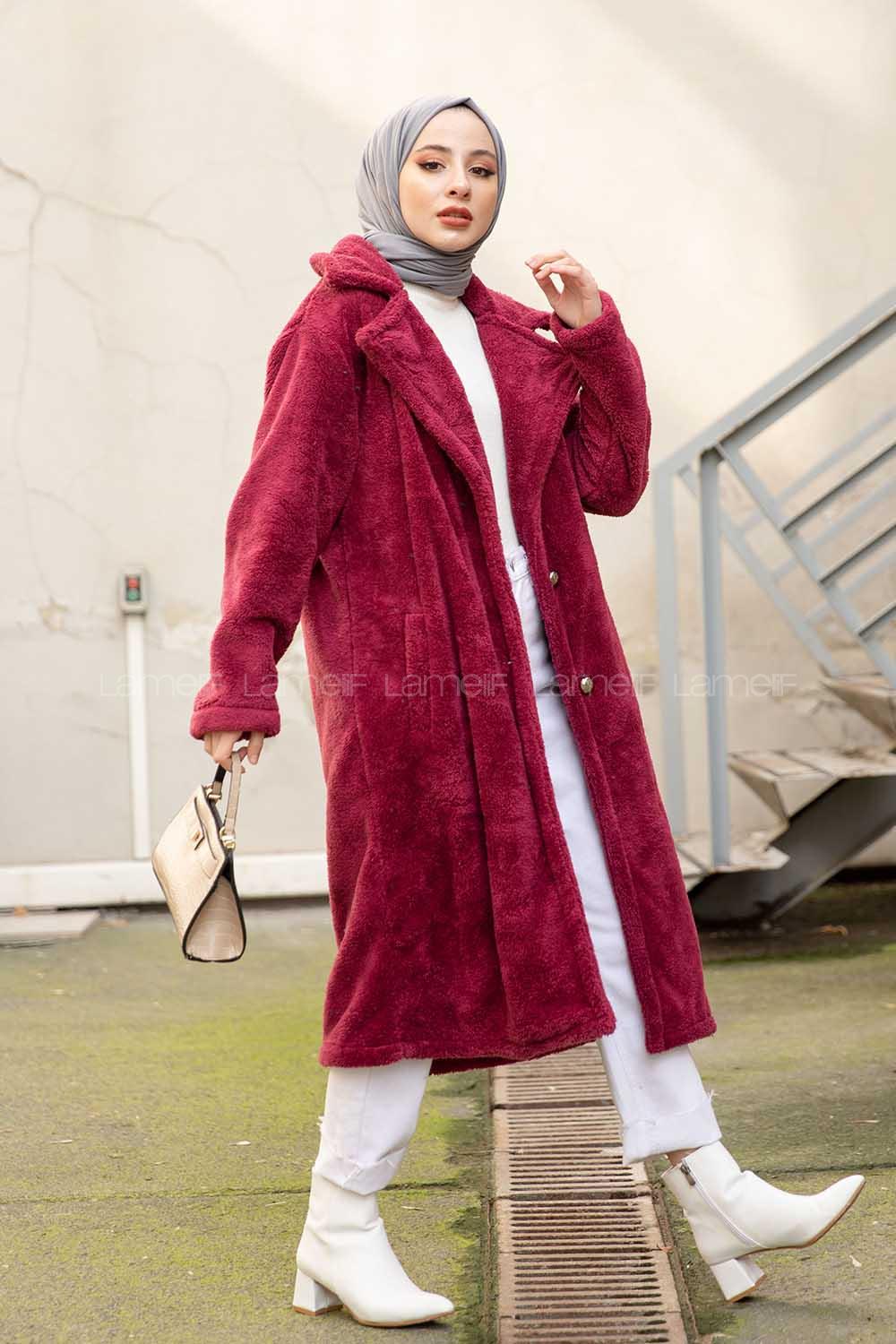 Modalamelif Çift Cepli Uzun Peluş Kaban Bordo