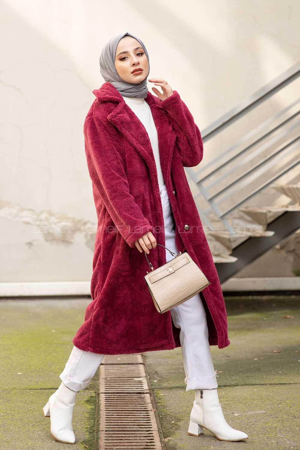 Modalamelif Çift Cepli Uzun Peluş Kaban Bordo