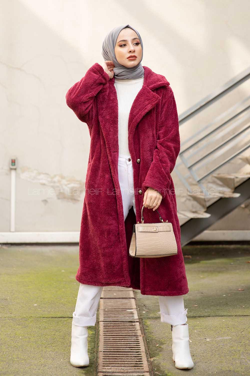 Modalamelif Çift Cepli Uzun Peluş Kaban Bordo