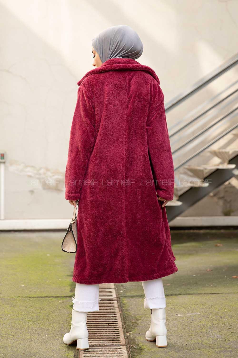 Modalamelif Çift Cepli Uzun Peluş Kaban Bordo