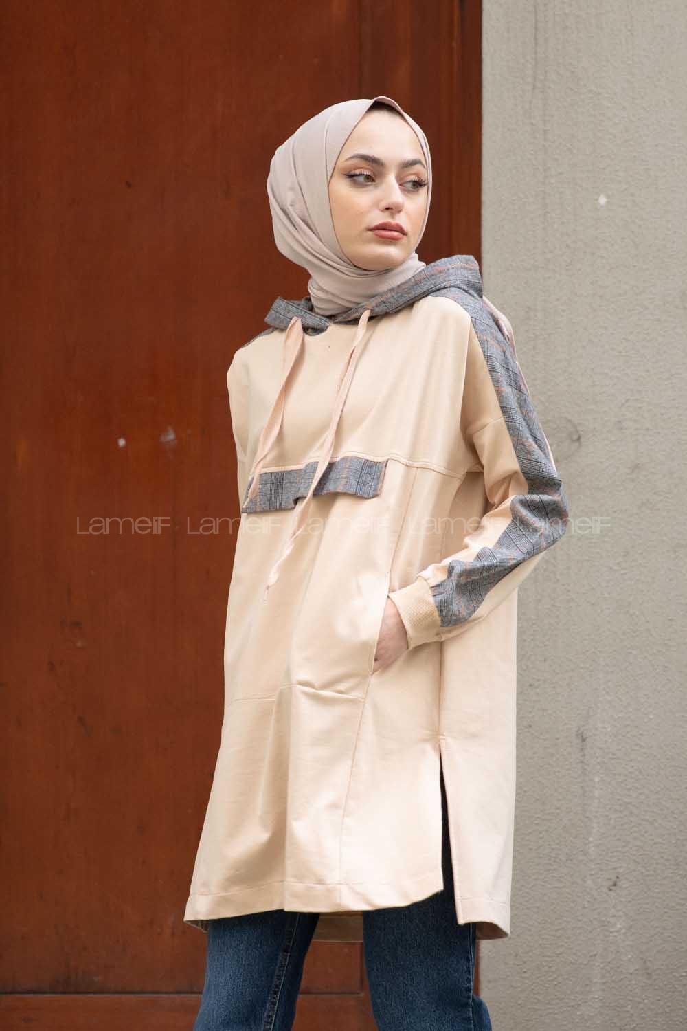 Modalamelif  Ekose Garnili Kapşonlu Sweatshirt  Bej