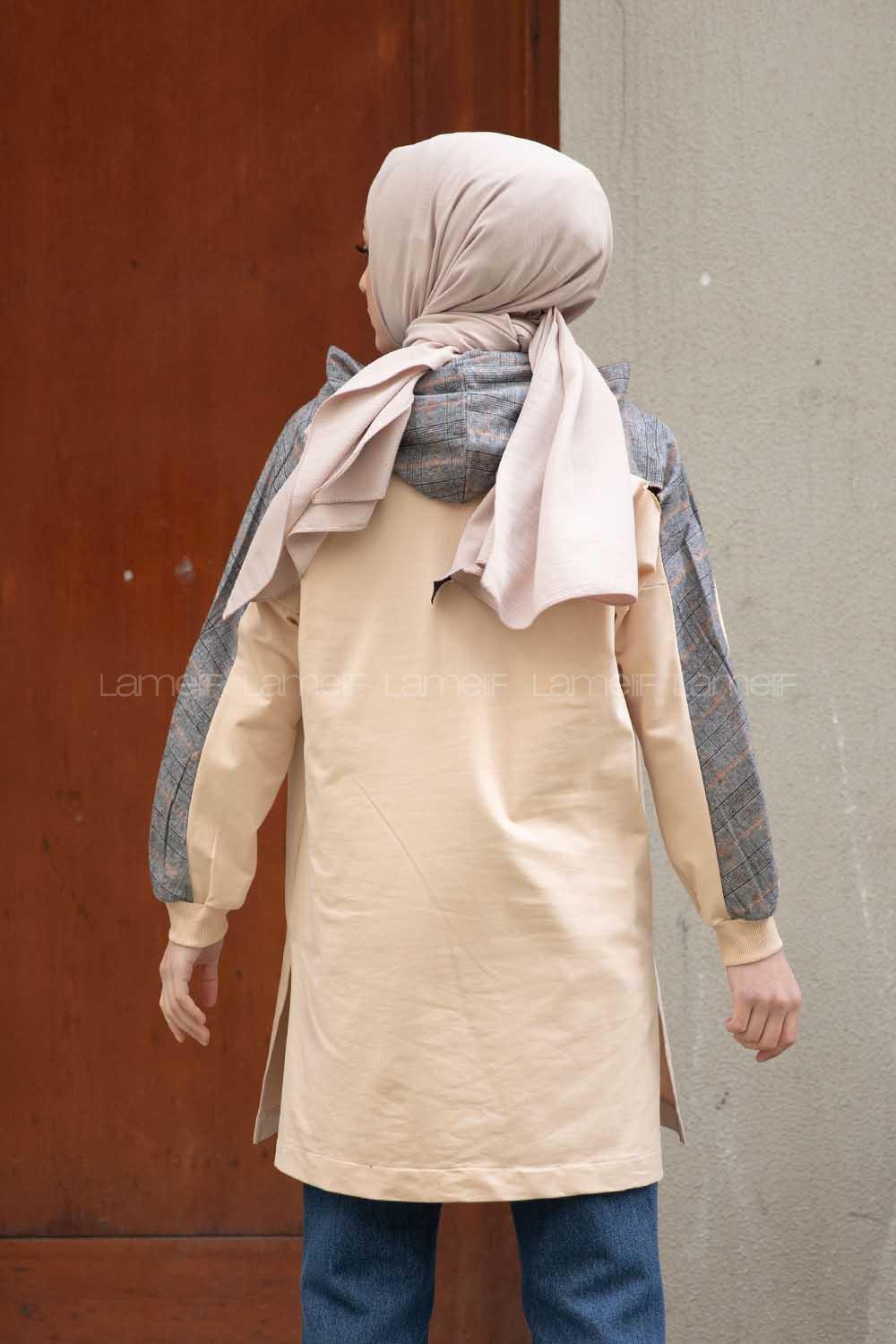 Modalamelif  Ekose Garnili Kapşonlu Sweatshirt  Bej