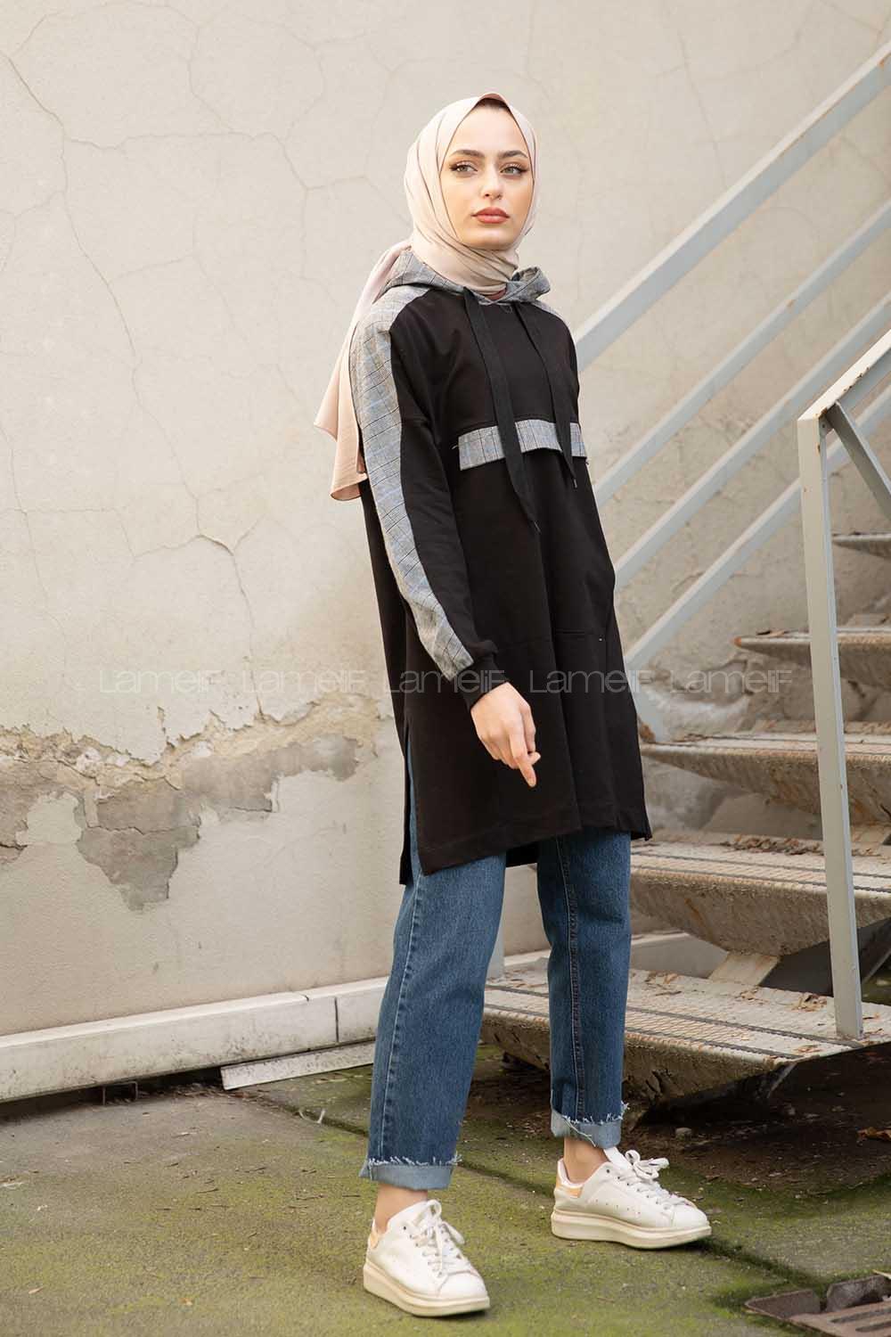 Modalamelif  Ekose Garnili Kapşonlu Sweatshirt Siyah