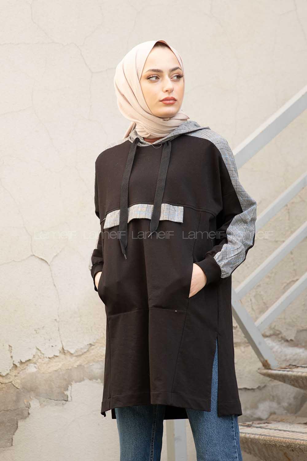 Modalamelif  Ekose Garnili Kapşonlu Sweatshirt Siyah