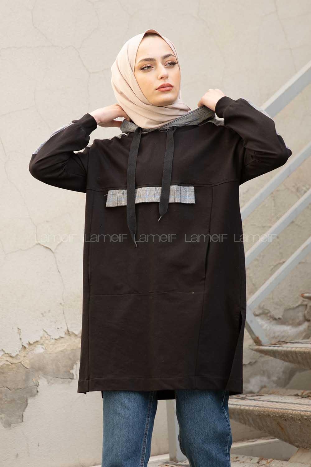 Modalamelif  Ekose Garnili Kapşonlu Sweatshirt Siyah