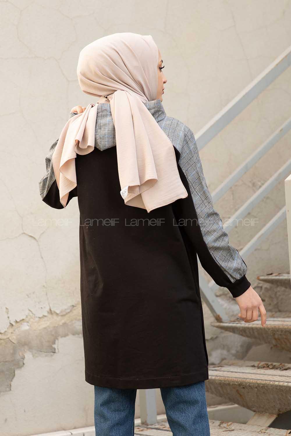 Modalamelif  Ekose Garnili Kapşonlu Sweatshirt Siyah