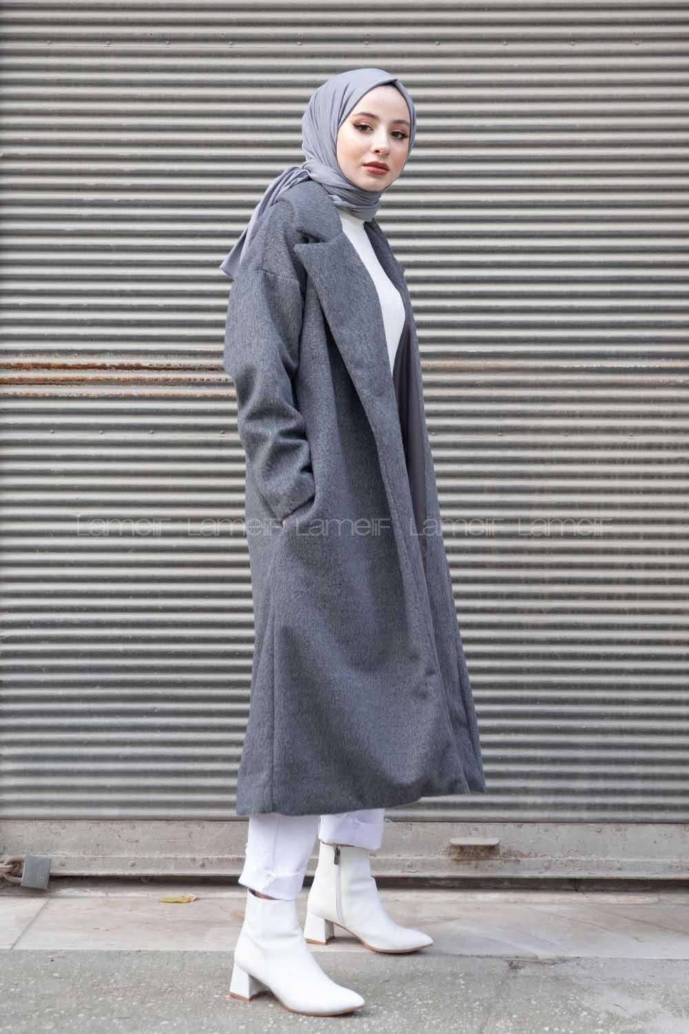 Modalamelif Tek Düğmeli Düşük Kol Kaşe Kaban Gri