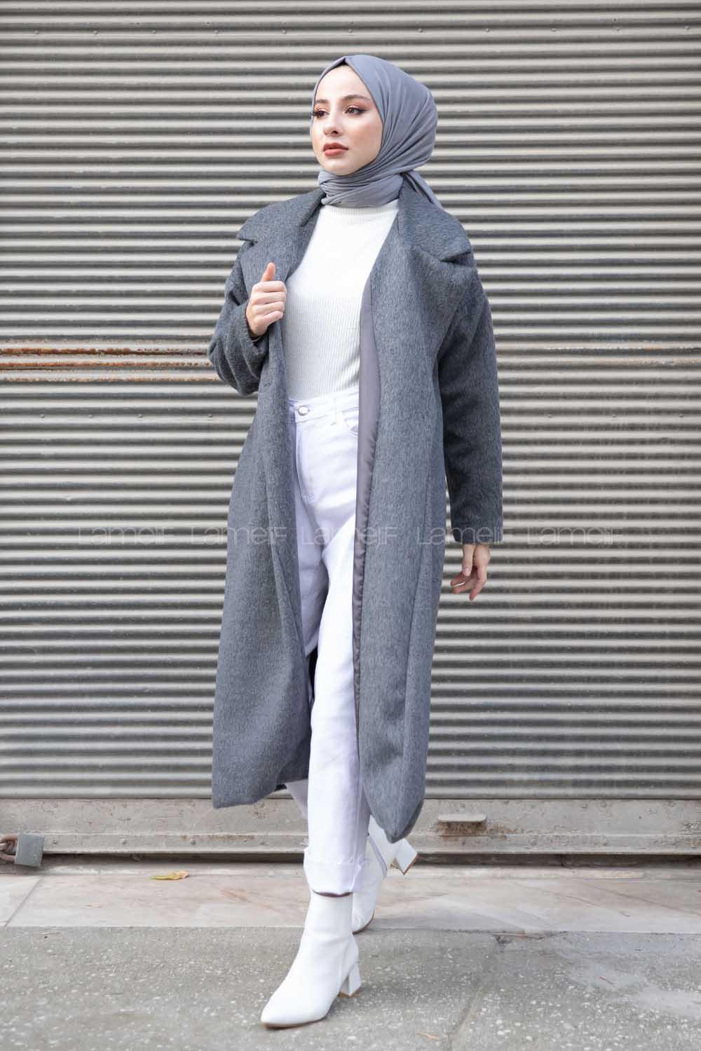 Modalamelif Tek Düğmeli Düşük Kol Kaşe Kaban Gri