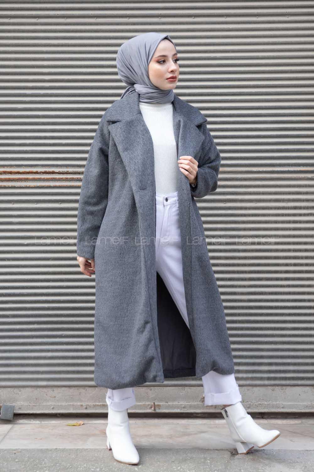Modalamelif Tek Düğmeli Düşük Kol Kaşe Kaban Gri