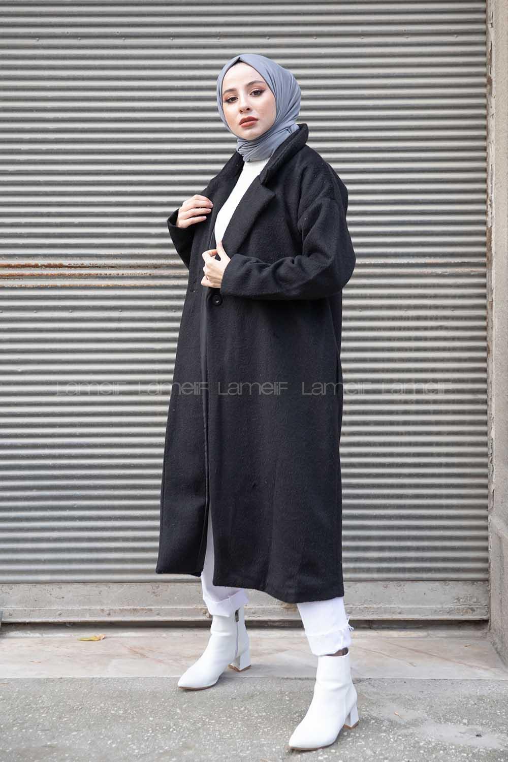 Modalamelif Tek Düğmeli Düşük Kol Kaşe Kaban Siyah