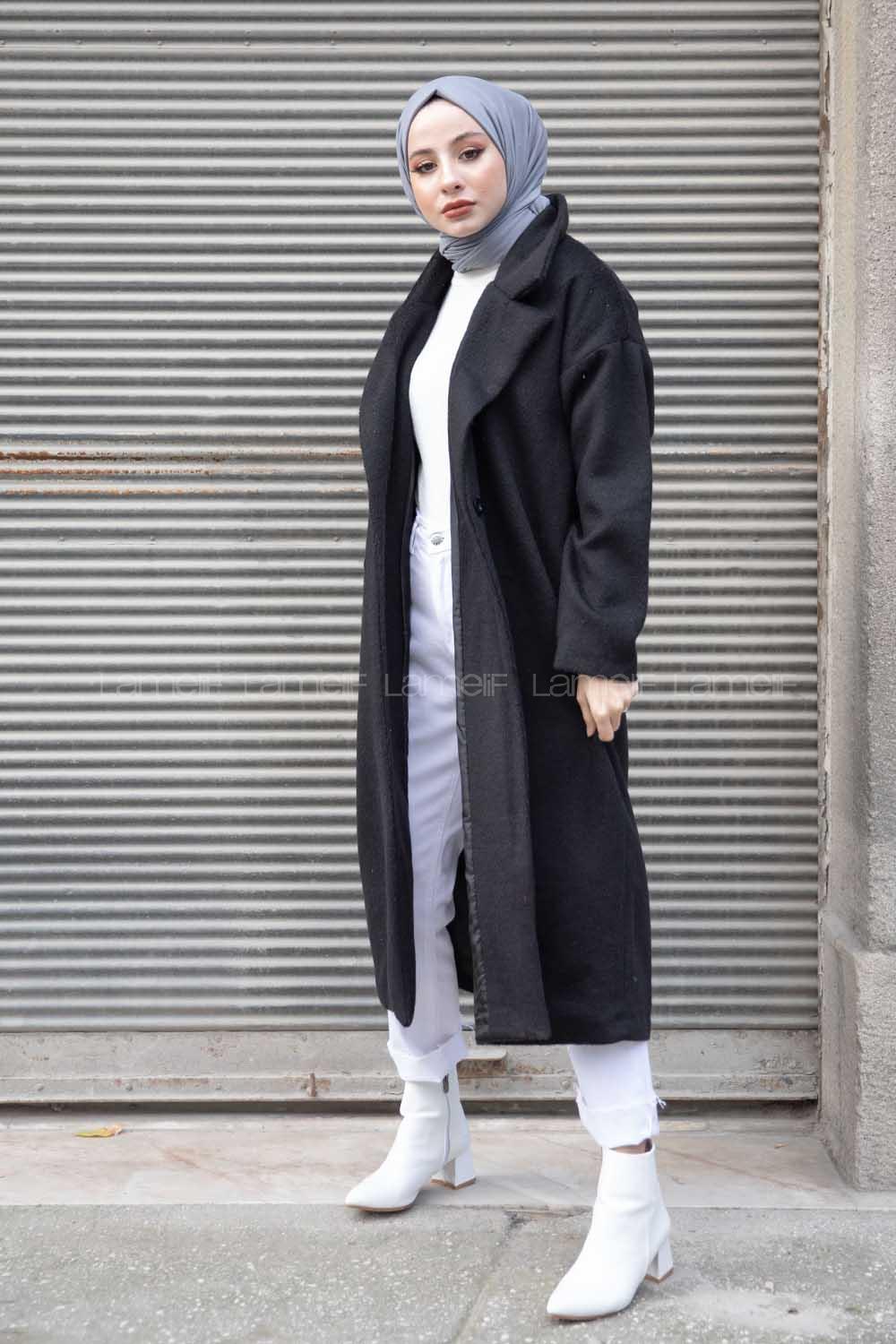 Modalamelif Tek Düğmeli Düşük Kol Kaşe Kaban Siyah