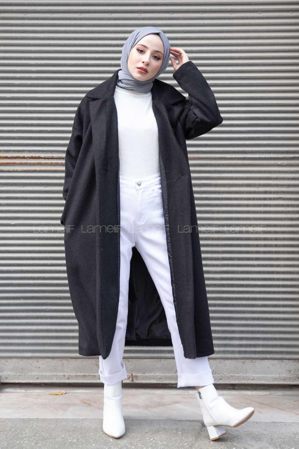 Modalamelif Tek Düğmeli Düşük Kol Kaşe Kaban Siyah